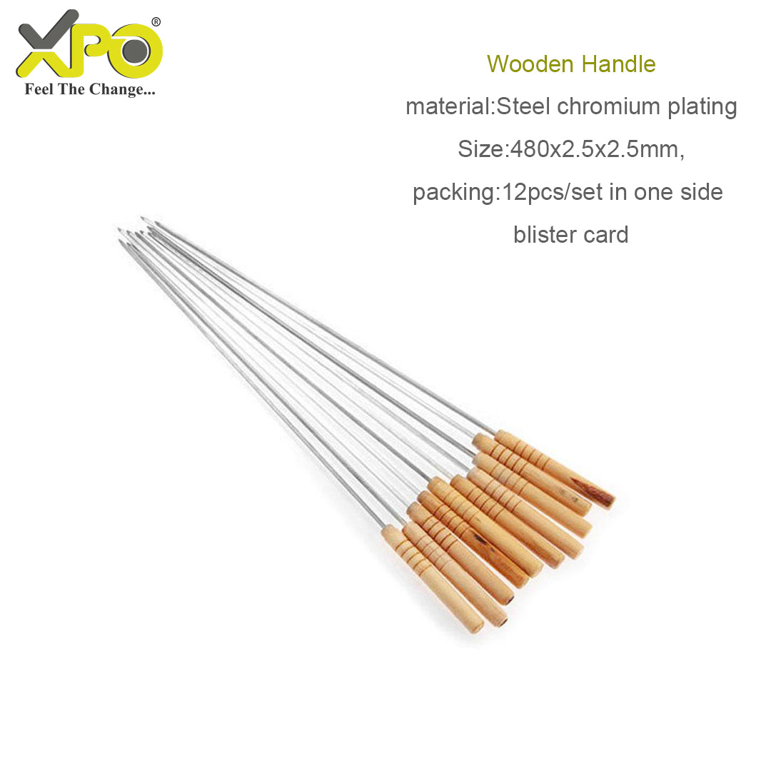 XPO BBQ Skewer Set with Wooden Handle – 480 mm Stainless Steel Kebab Skewers for Grilling Meat & Vegetables