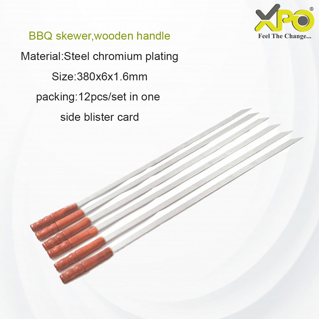 XPO BBQ Skewer with Wooden Handle – 380 mm Stainless Steel Kebab Stick for Grilling Meat & Vegetables