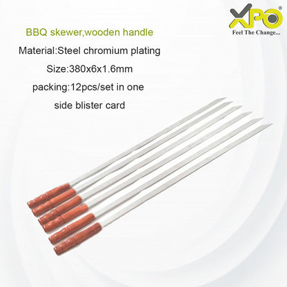 XPO BBQ Skewer with Wooden Handle – 380 mm Stainless Steel Kebab Stick for Grilling Meat & Vegetables