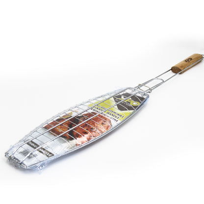 XPO BBQ Fish Grill with Wooden Handle – 72 × 40 × 14 cm Fish Grilling Basket for Outdoor Barbecue