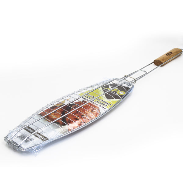 XPO BBQ Fish Grill with Wooden Handle – 72 × 40 × 14 cm Fish Grilling Basket for Outdoor Barbecue