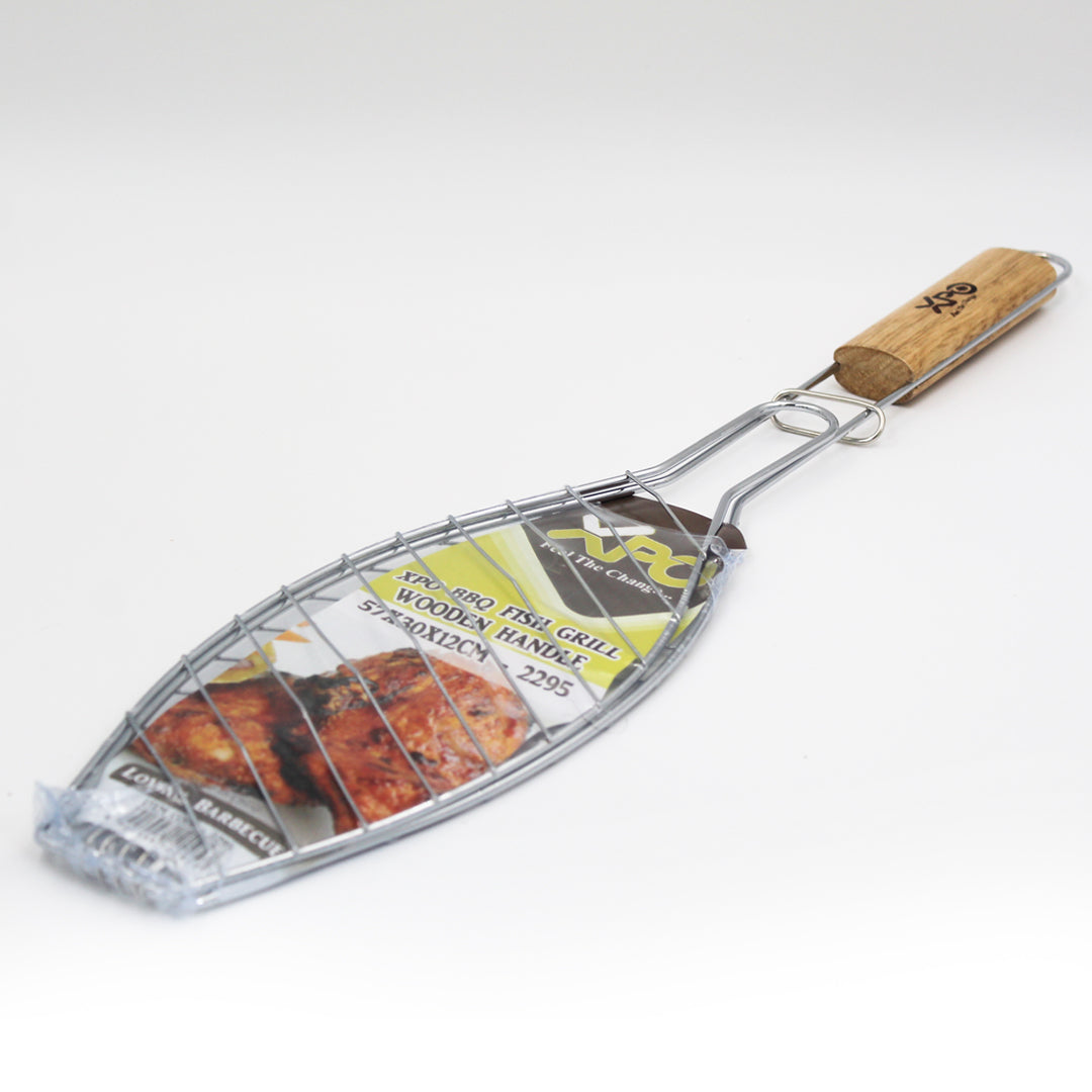 XPO BBQ Fish Grill with Wooden Handles – 57 × 30 × 12 cm Fish Grilling Basket for Outdoor Barbecue