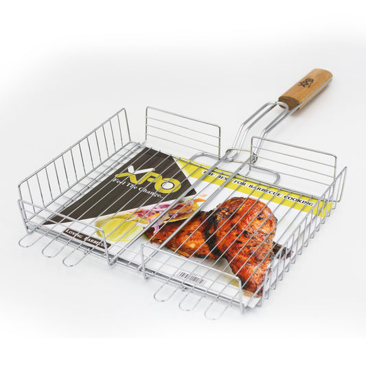 XPO BBQ Grill with Wooden Handle – 40 × 30 cm Charcoal Grilling Rack for Outdoor Barbecue