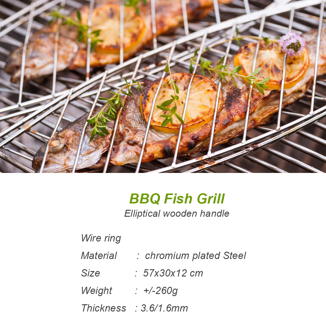 XPO BBQ Fish Grill with Wooden Handles – 57 × 30 × 12 cm Fish Grilling Basket for Outdoor Barbecue