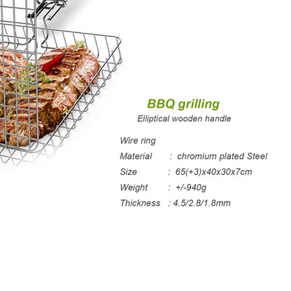 XPO BBQ Grill with Wooden Handle – 40 × 30 cm Charcoal Grilling Rack for Outdoor Barbecue