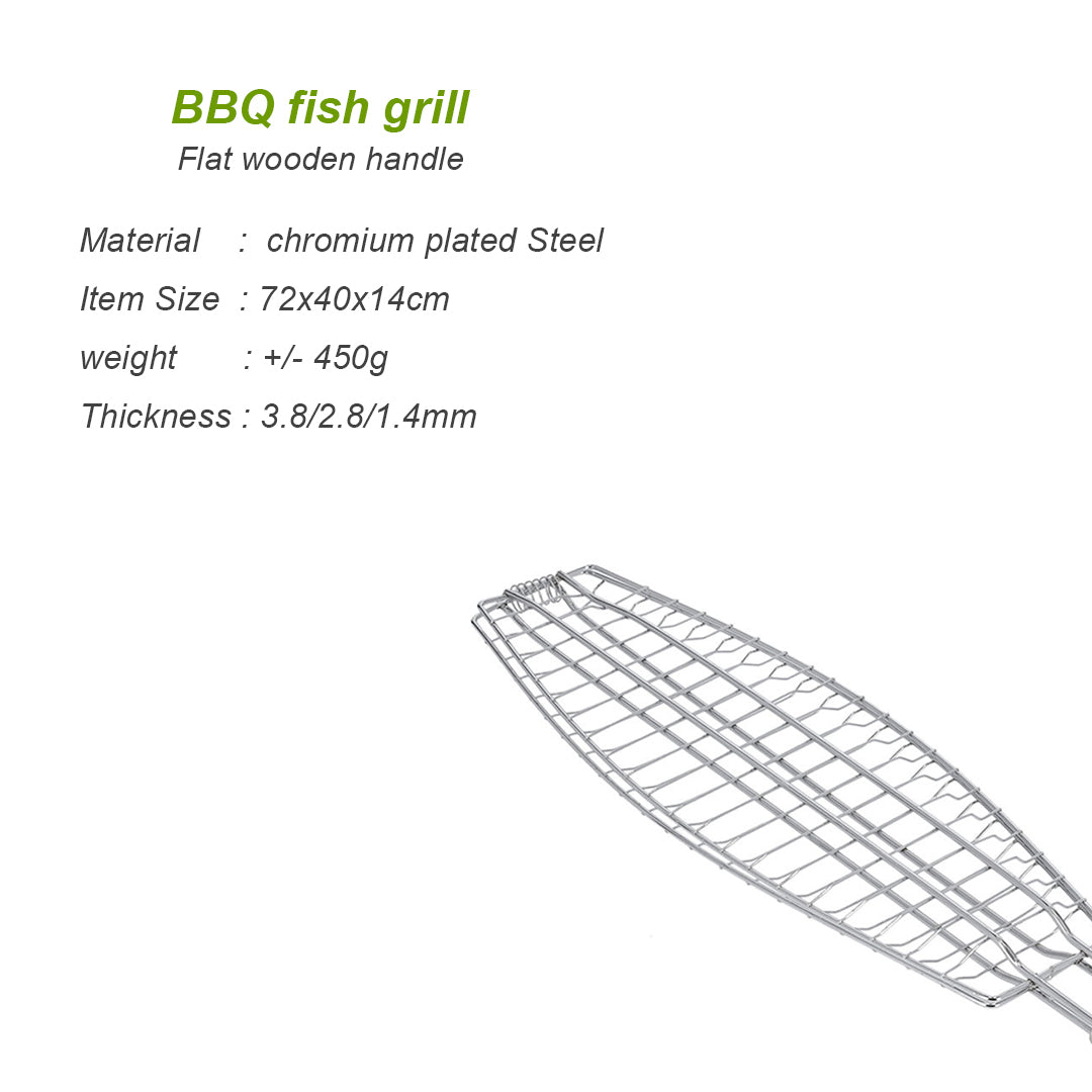 XPO BBQ Fish Grill with Wooden Handle – 72 × 40 × 14 cm Fish Grilling Basket for Outdoor Barbecue