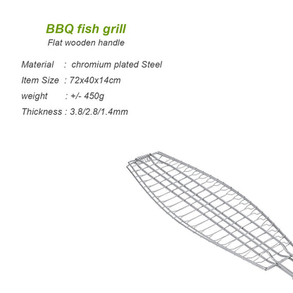 XPO BBQ Fish Grill with Wooden Handle – 72 × 40 × 14 cm Fish Grilling Basket for Outdoor Barbecue