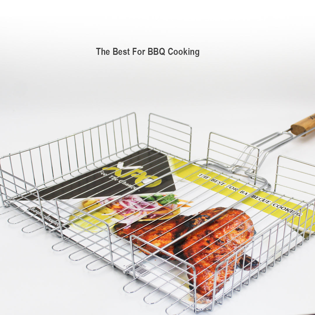 XPO BBQ Grill with Wooden Handle – 40 × 30 cm Charcoal Grilling Rack for Outdoor Barbecue