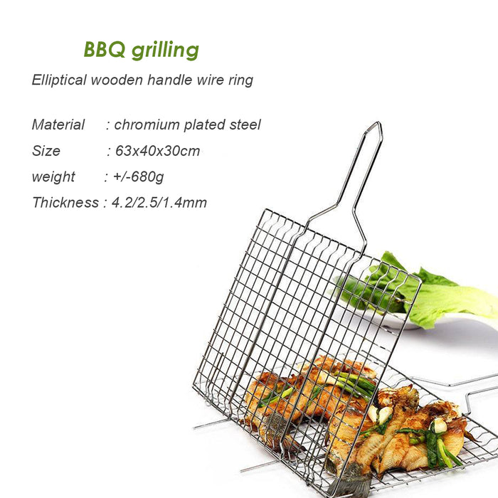 XPO Reversible Barbeque Grill with Wooden Handle, Stainless Steel | For Meat, Fish, Vegetable BBQ (40x30)